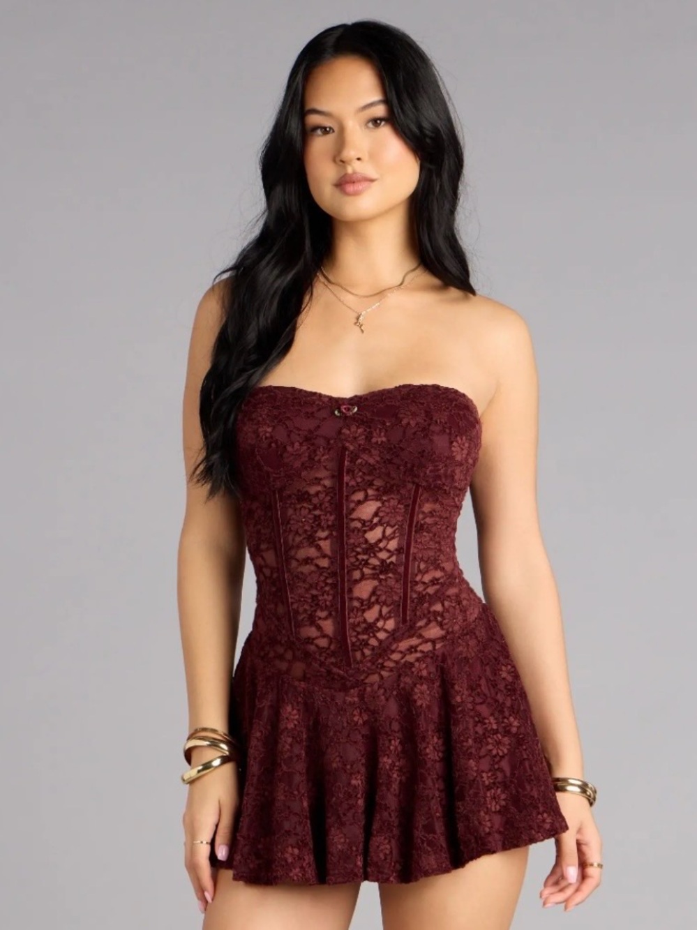 Windsor Strapless Lace Corset Dress in Burgundy